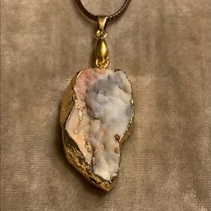 Gorgeous Gray, Mauve, White Druzy Pendant with Brown Cord Necklace NEW
